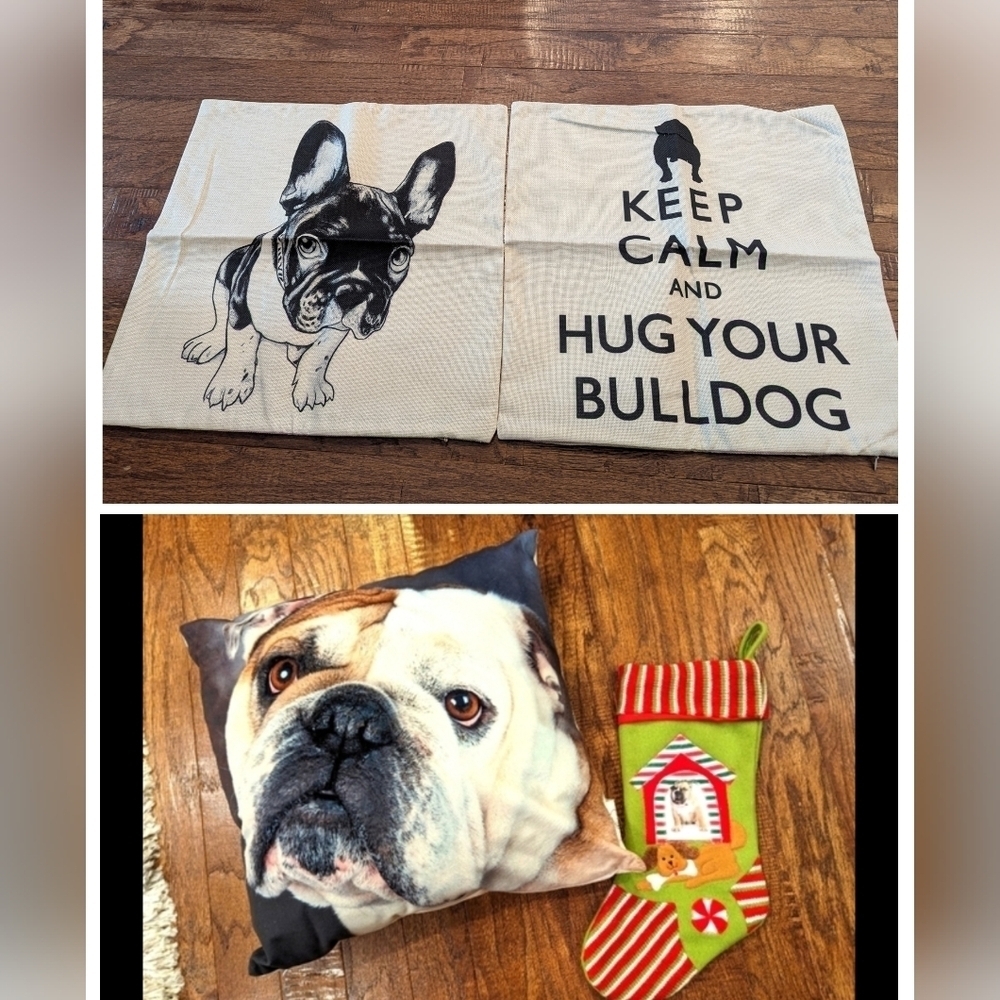 Bulldog velvet pillow, plus 2 linen pillow shams & stocking. Bull dog decor